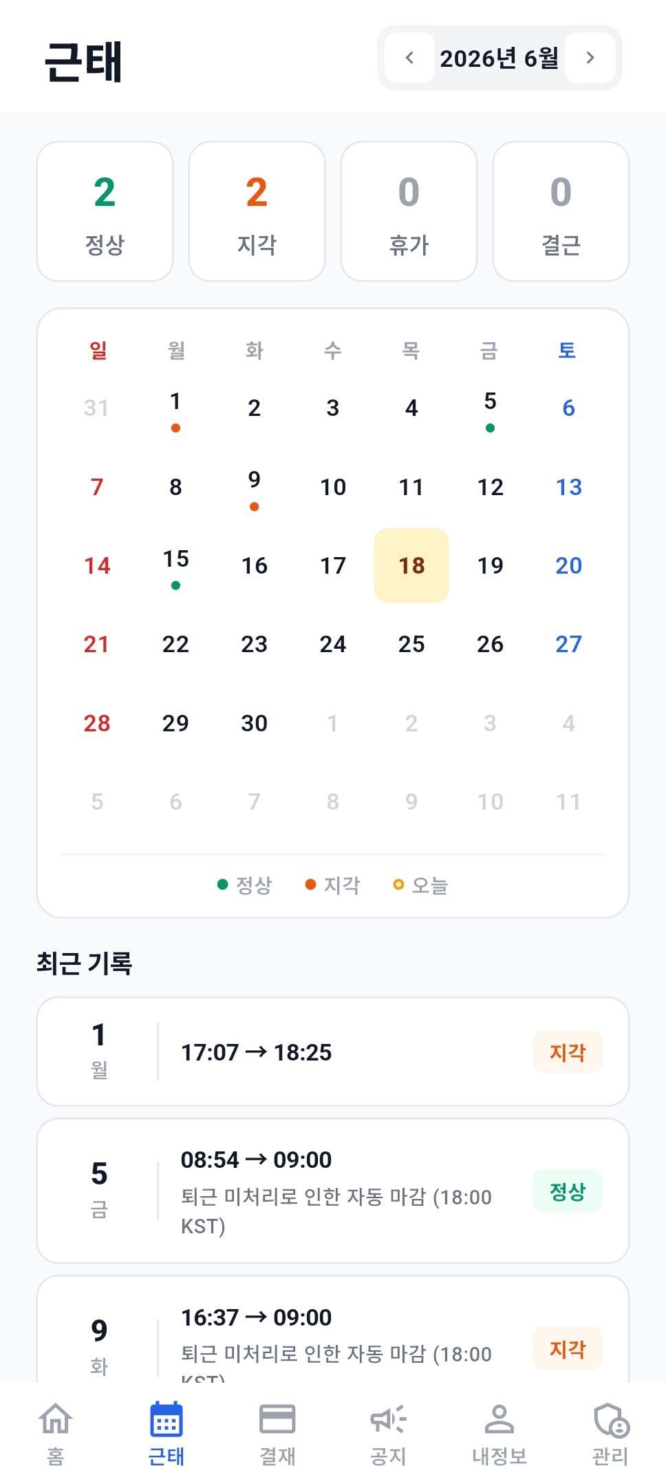 출퇴근 앱 근태 화면 — 6월 캘린더에 정상·지각 표시, 최근 기록에 17:07→18:25(지각), 08:54→09:00(정상, 18:00 KST 자동 마감) 등 시각 기록