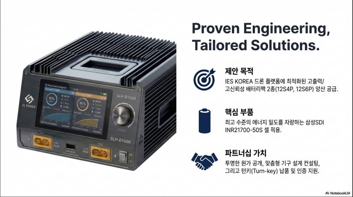 드론용 충전기 SLP-DT600 제품 사진과 제안 슬라이드 — 제안 목적·핵심 부품(삼성SDI INR21700-50S 셀)·파트너십 가치(원가 공개·맞춤 설계·턴키 납품)